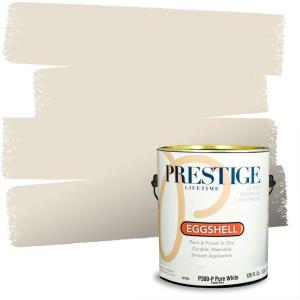 imagePRESTIGE Paints Exterior Paint and Primer In One 1Gallon Satin Comparable Match of Benjamin Moore Cloud WhiteMaritime White