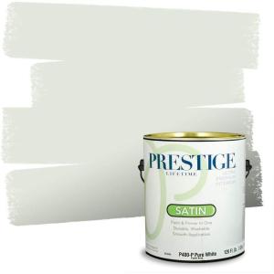 imagePRESTIGE Paints P400P449BM Interior Paint and Primer In One Satin Comparable Match of Benjamin Moore 1 gallon Serene BreezeWoodland White